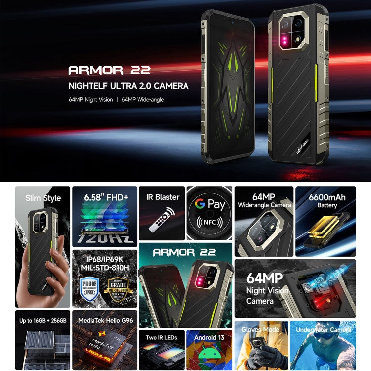 Ulefone Armor 22, IP68/IP69K Rugged Phone, 6.58 inch Android 13 MediaTek Helio G96 Octa Core, Network: 4G, NFC, OTG Ulefone Armor 22, IP68/IP69K Rugged Phone, 6.58 inch Android 13 MediaTek Helio G96 Octa Core, Network: 4G, NFC, OTG